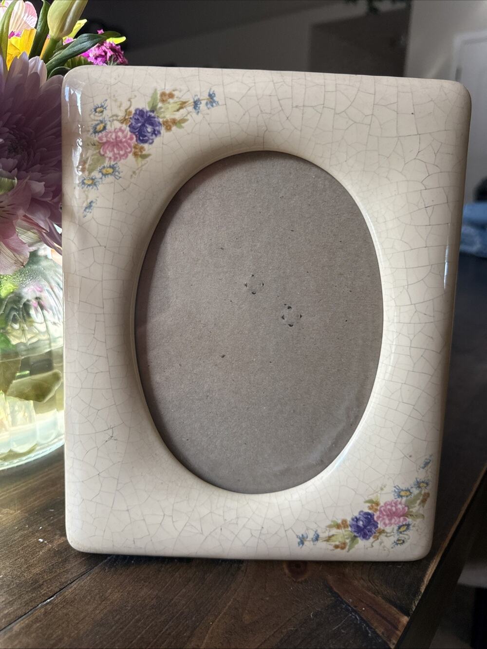 Vintage Ceramic Picture Frame Oval Opening 3” X 4.5” Cream Crackle Glaze Floral